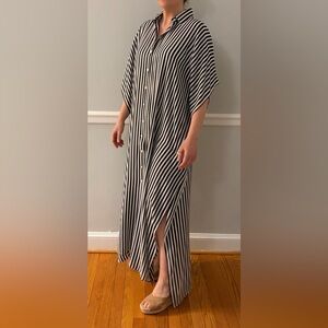 Michael Kors long caftan/shirt dress 100% silk, navy and white stripes